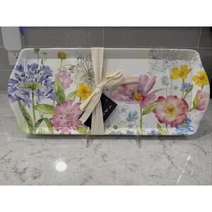 Set of 2 FLORAL Tahari 15” Melamine Serving Trays Shiny Finish Platter Tray NEW